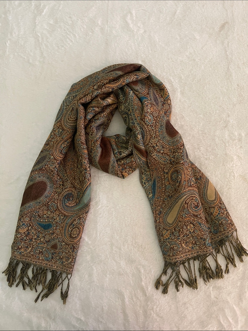 Paisley Fringe Scarf - Brown Teal Multi 28” X 72”
